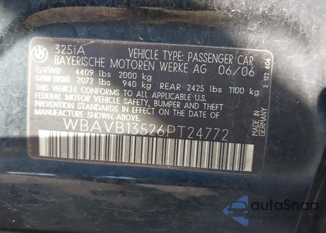 2006 BMW 325 I z USA, uszkodzony, nr VIN WBAVB13526PT24772